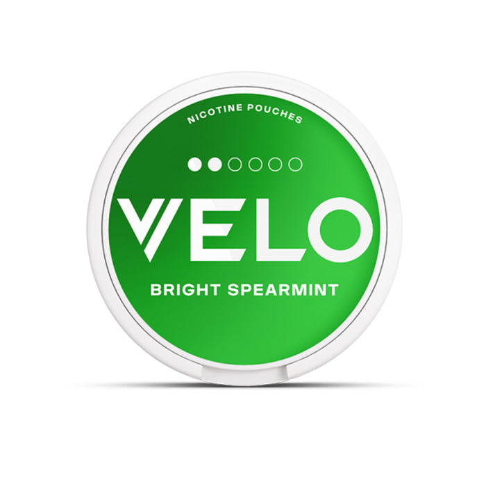 Velo Nicotine Pouch bright spearmint  in white writing on a green tub 2 dot strength