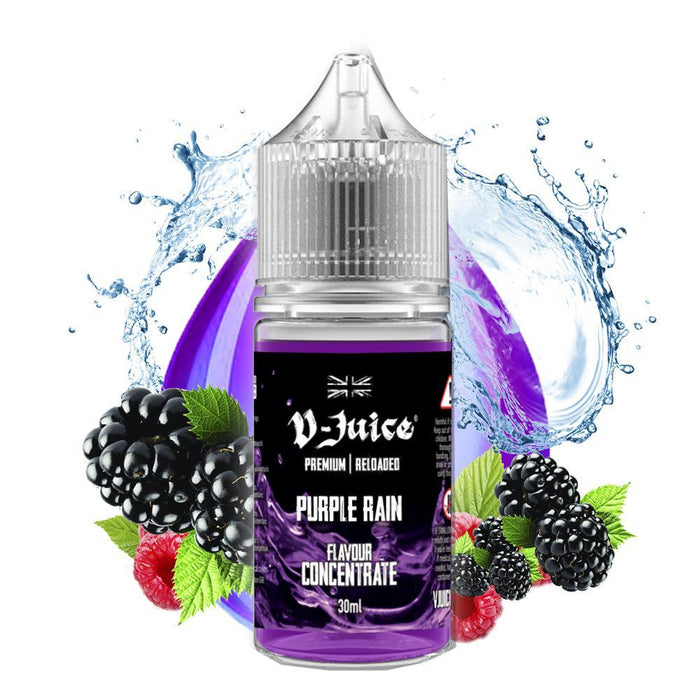 VJuice Purple Rain flavor concentrate bottle with blackberries and raspberries on a white background