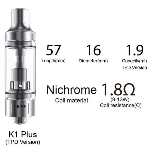 Aspire K1 Plus Vape Tank Specifications