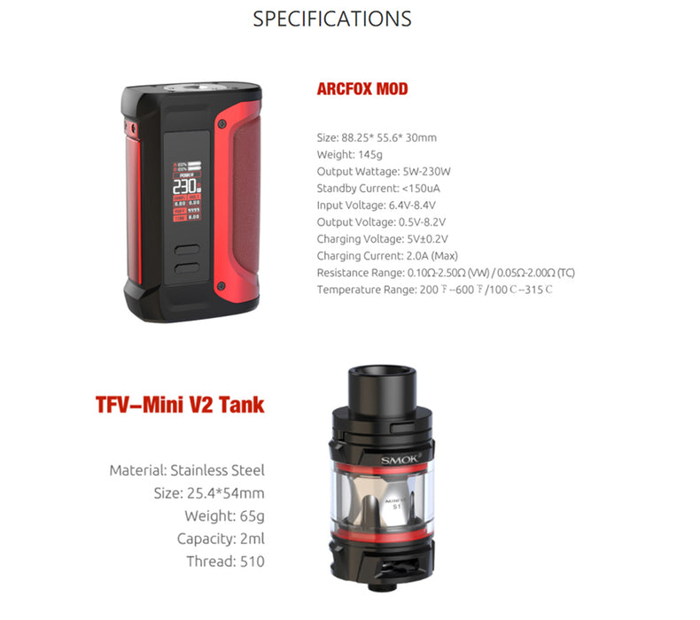 Smok ARCFOX Vape Kit Specification