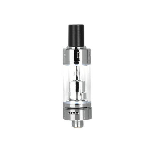 Aspire K-Lite Silver Vape Tank Top Filling Clearomiser with Black Plastic Drip Tip Mouthpiece using an Aspire BVC Coil with variable airflow