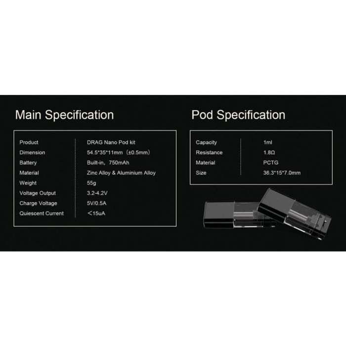 Voopoo Drag Nano Pod Vape Kit Specification